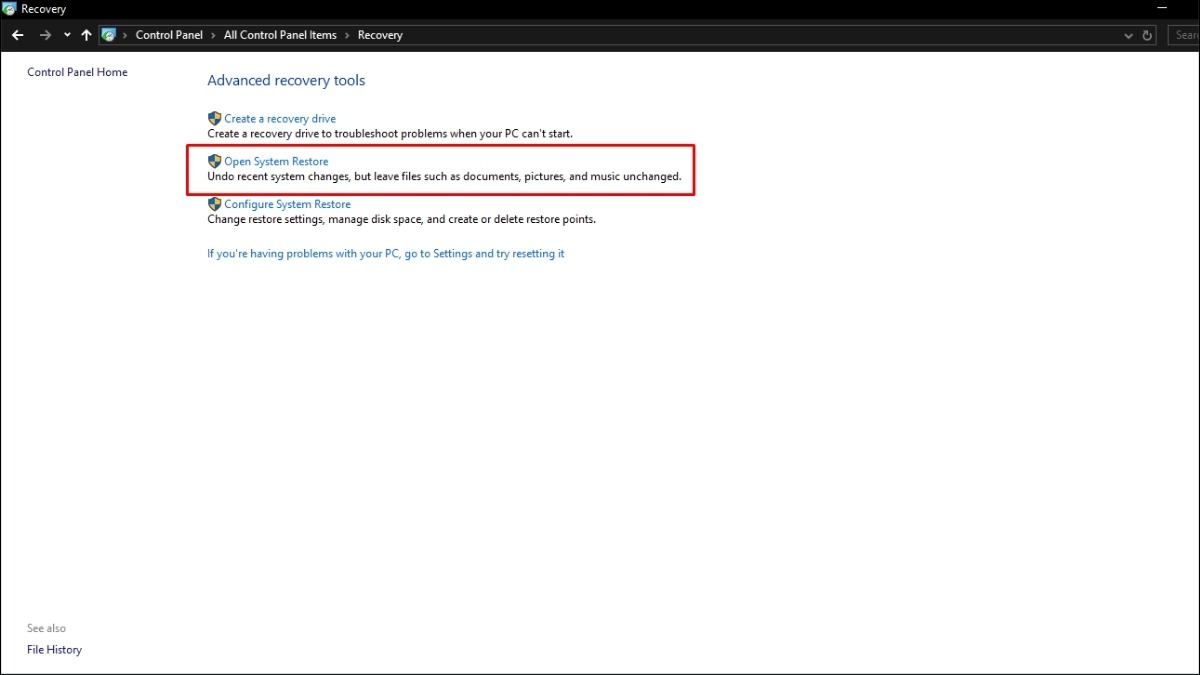 Chọn Open System Restore > Nhấn Next