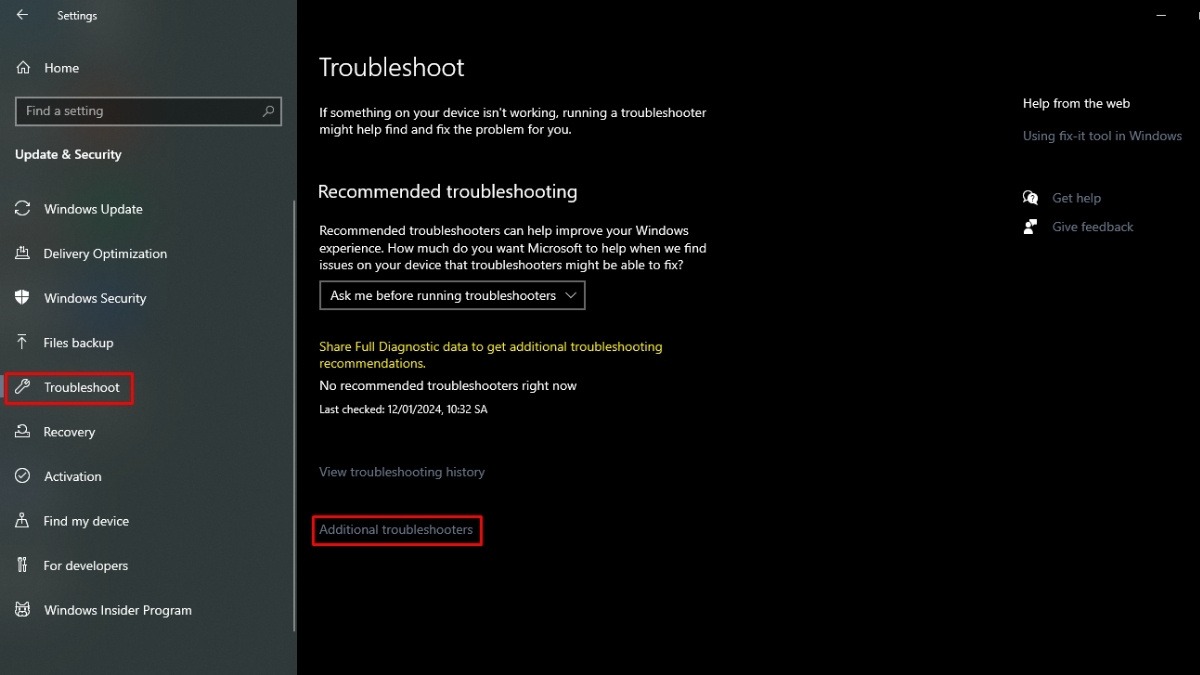 Chọn Update & Security > Troubleshoot > Additional Troubleshooters