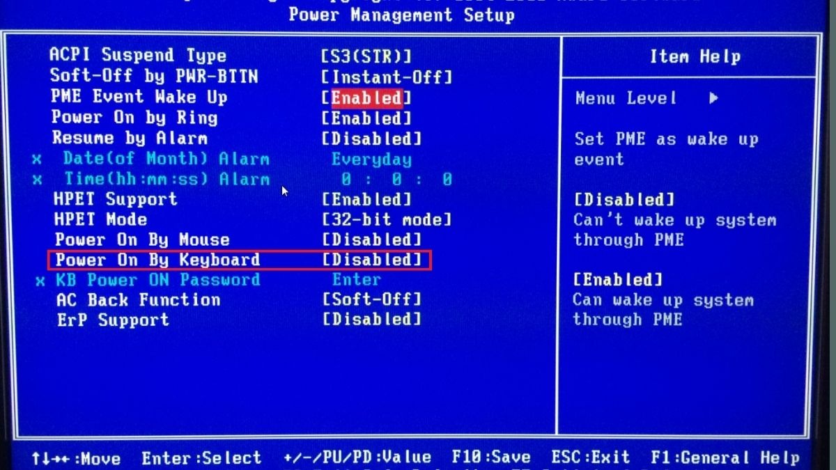 Tìm kiếm tùy chọn Power on by Keyboard