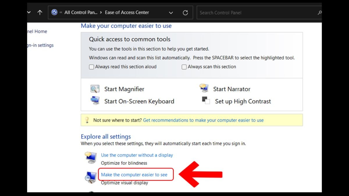 Lựa chọn Make the computer easier to see