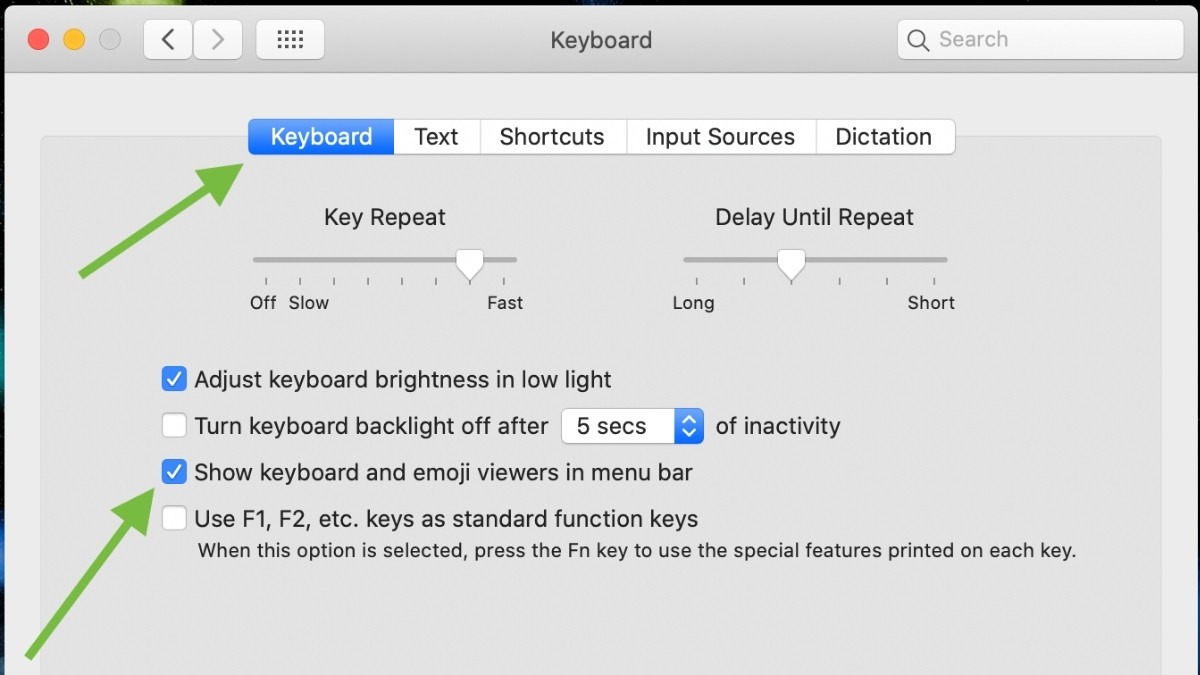 Tick vào Show Keyboard & Character Viewers in menu bar