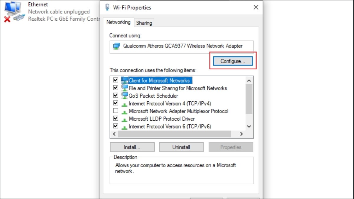 Trong cửa sổ Wi-Fi Properties, chọn tab Configure