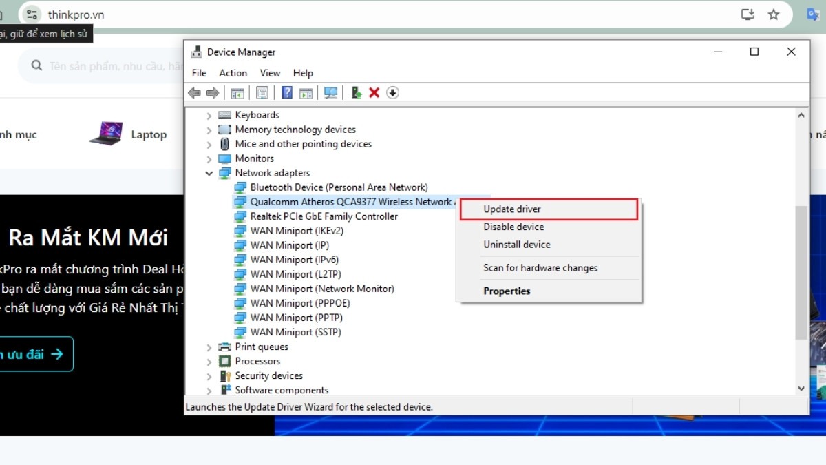  Nhấp chuột phải vào card mạng WiFi và chọn Update driver