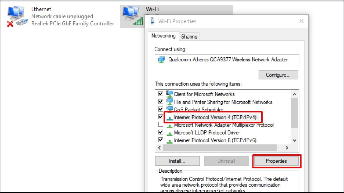 Chọn Internet Protocol Version 4 (TCP/IPv4) và nhấn Properties