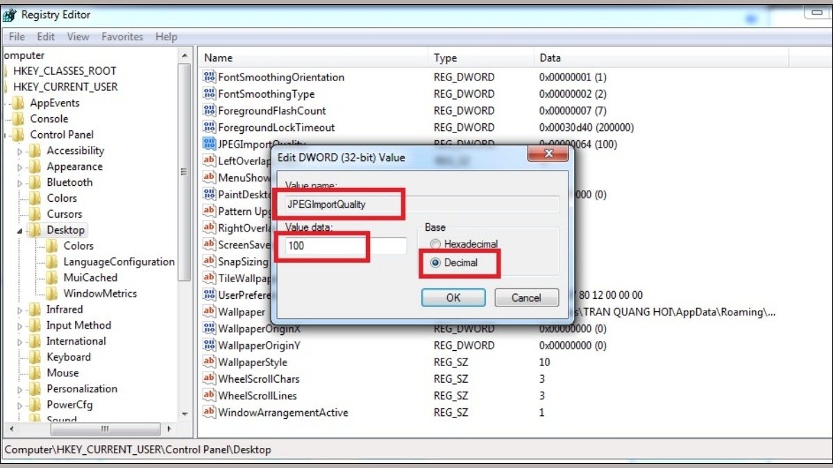 Mở JPEGImportQuality, chọn Decimal, nhập giá trị 100