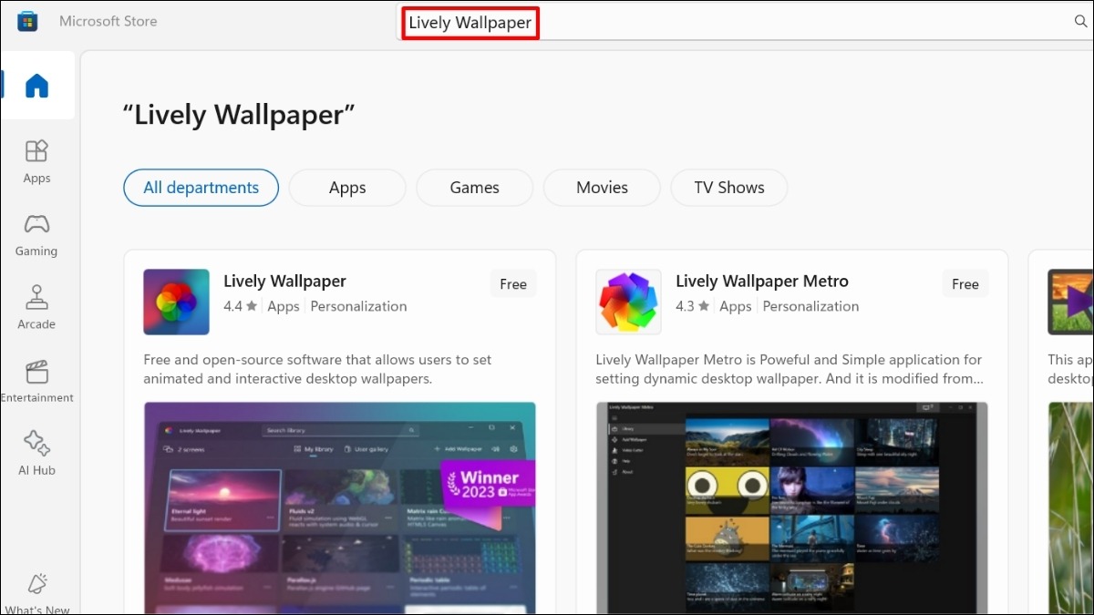 Nhập Lively Wallpaper và nhấn Enter