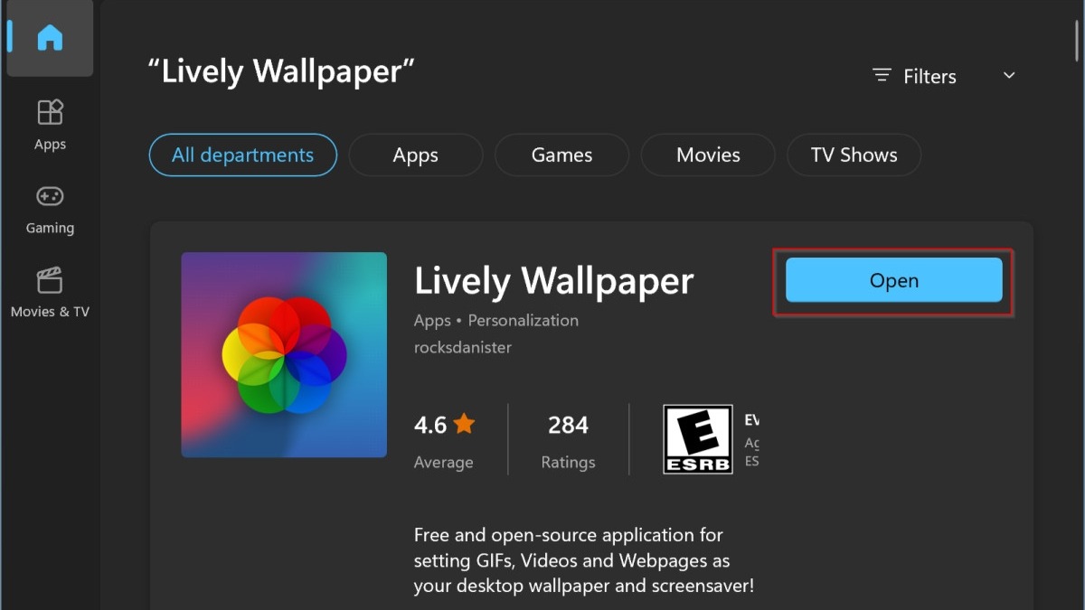 Chọn Open để mở Lively Wallpaper 