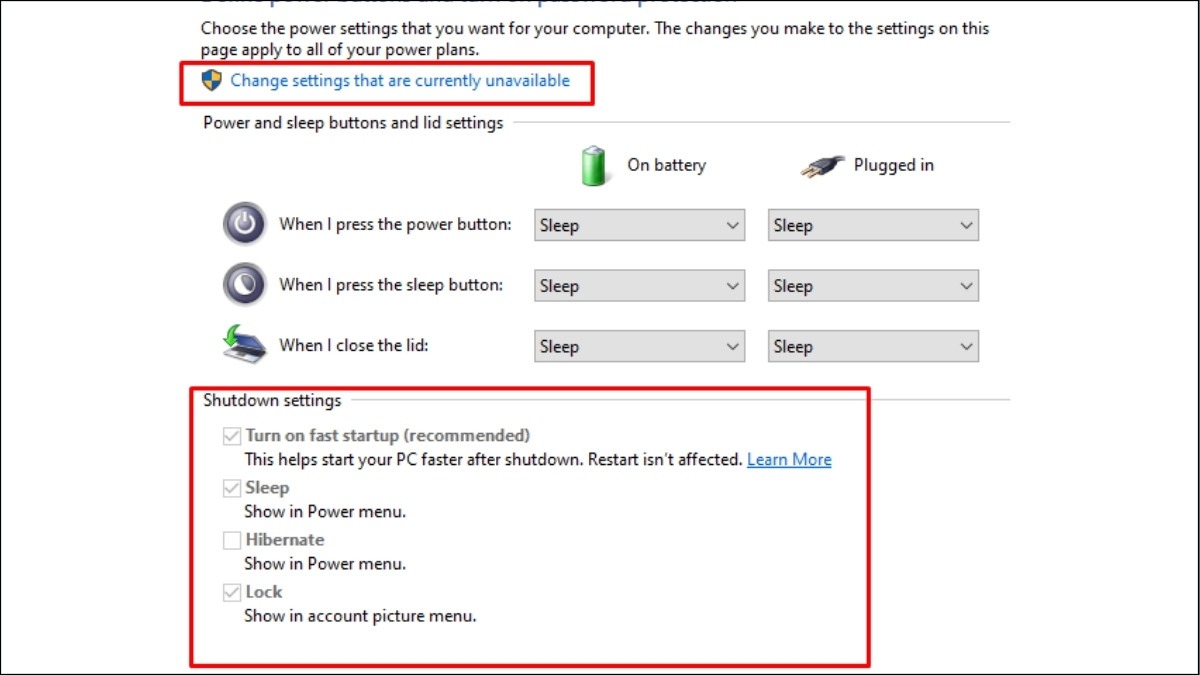 Change settings that are currently unavailable > Bỏ tích chọn Turn on fast startup (recommended) > Save changes