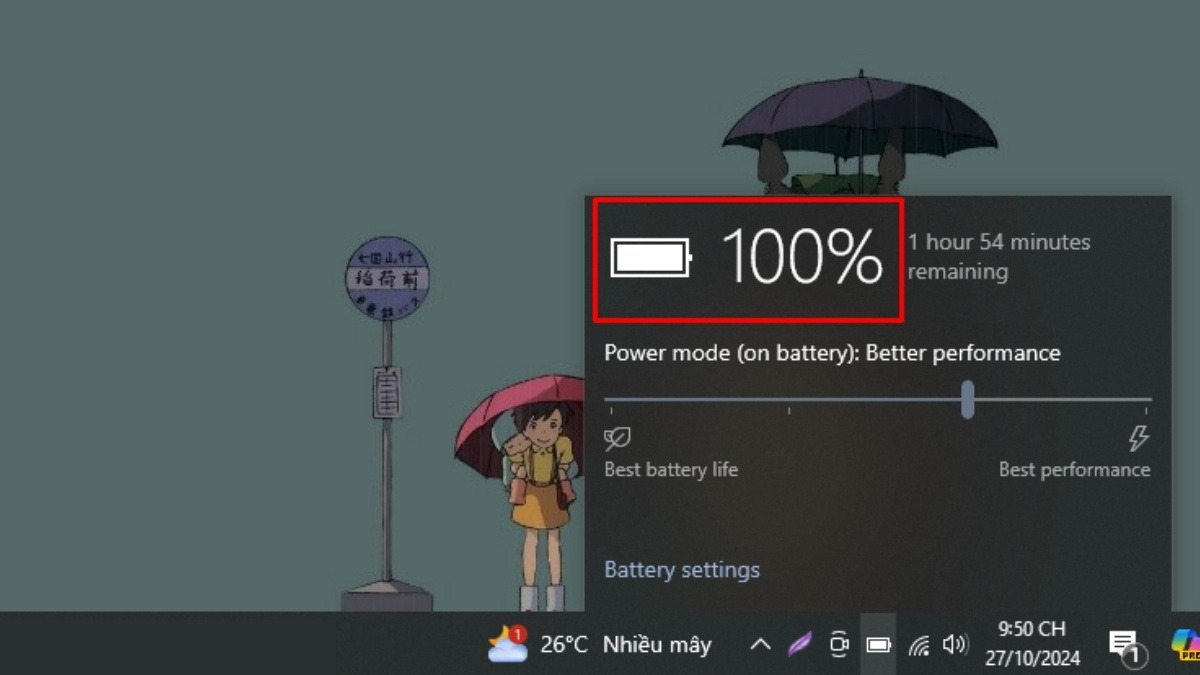 Kiểm tra bằng cách di chuột vào biểu tượng pin trên thanh taskbar