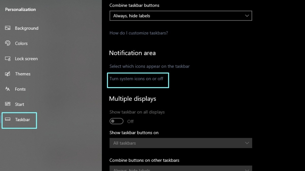 Trong mục Notification area, click vào Turn system icons on or off