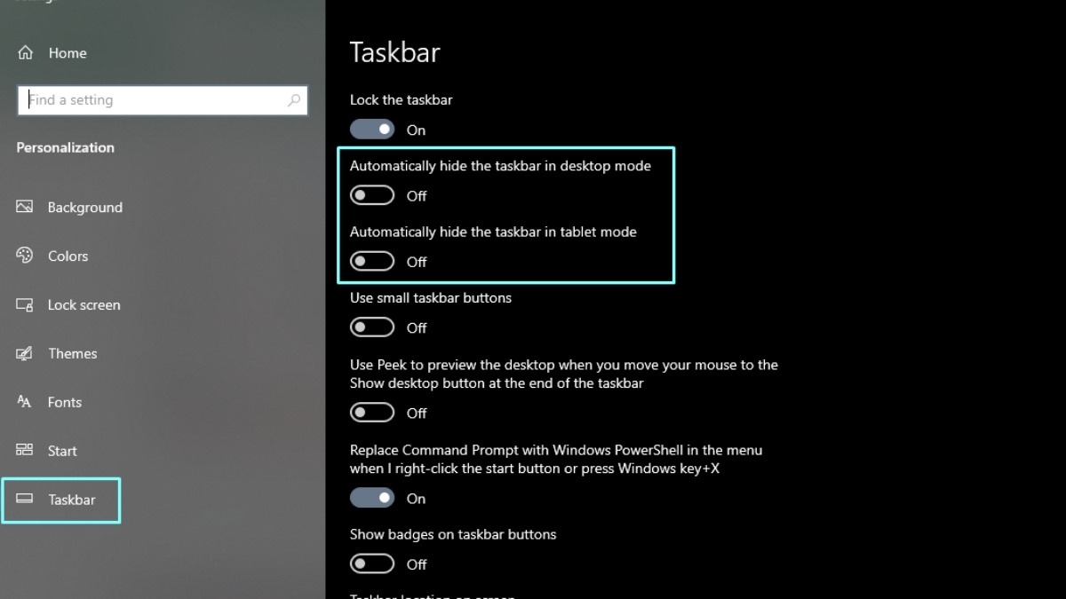 Kiểm tra xem tùy chọn Automatically hide the taskbar đã được tắt chưa