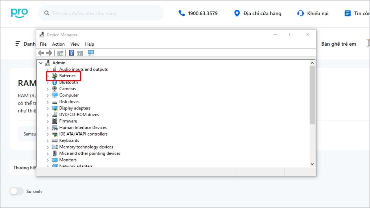 Trong cửa sổ Device Manager, tìm và click vào mục Batteries