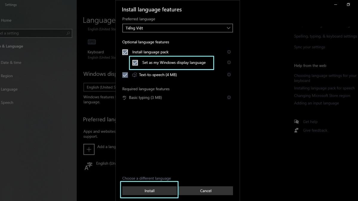 Đánh dấu vào ô Set as my Windows display language và nhấn Install