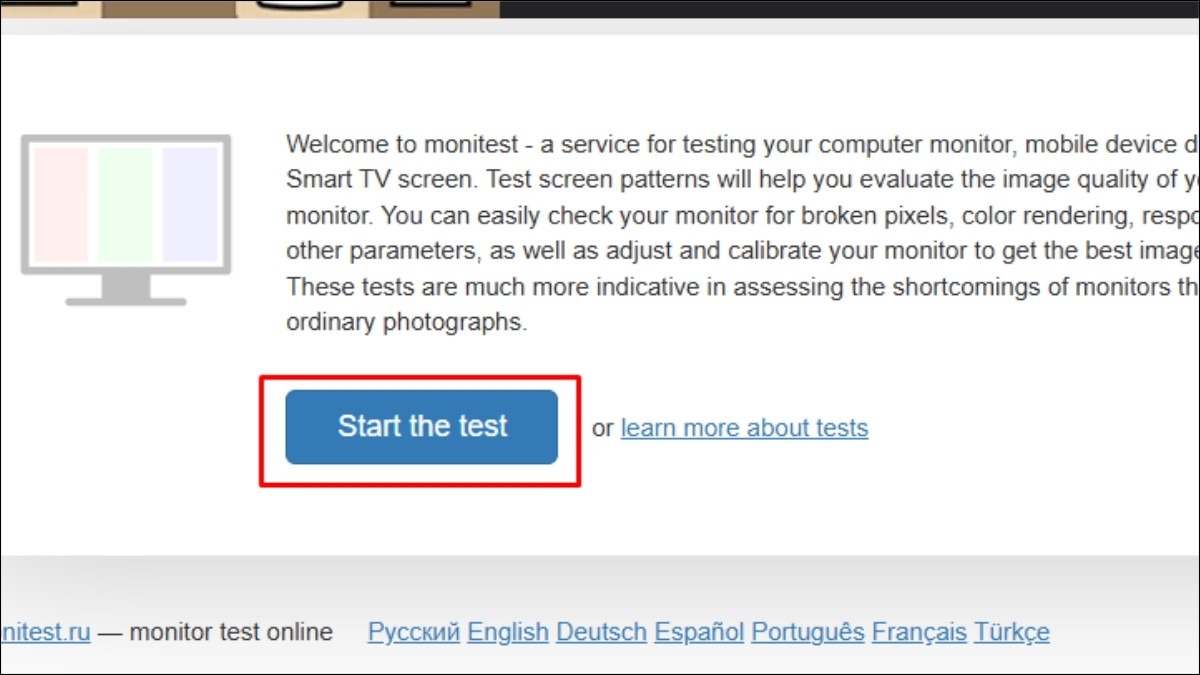 Truy cập trang web Monitest và chọn Start the test