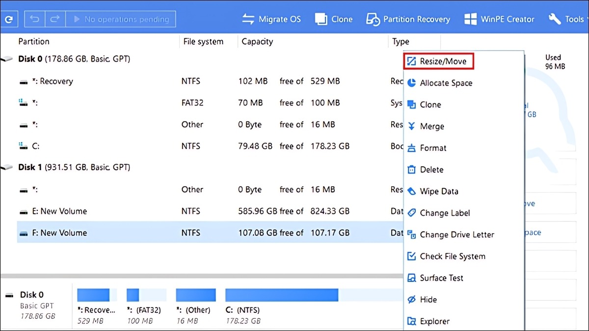 Nhấp chuột phải và chọn Resize/Move partition