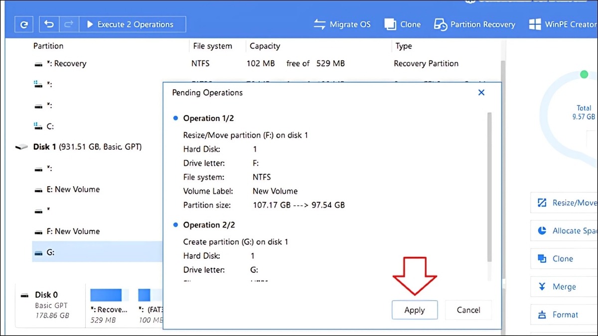 Nhấn Apply để EaseUS Partition Master thực hiện chia ổ đĩa