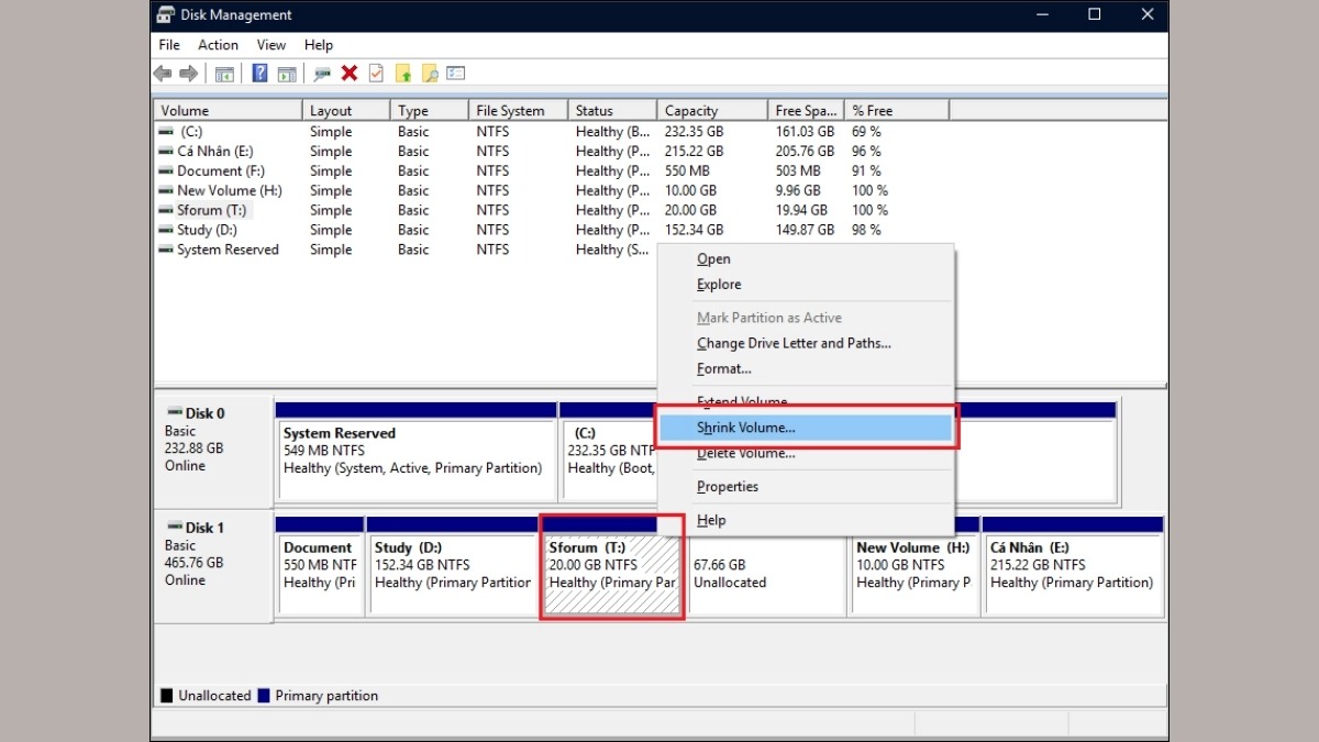 Chọn Shrink Volume
