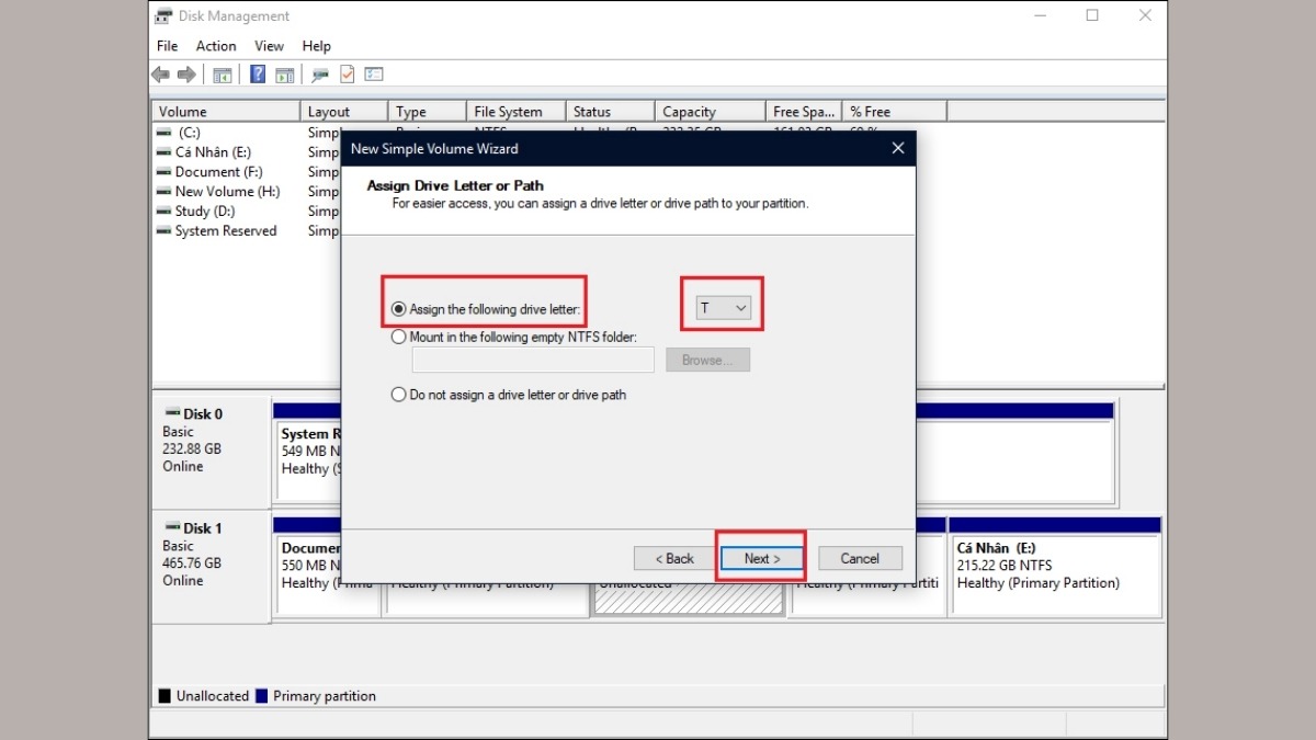  Chọn ký tự ổ đĩa tại Assign the Following driver letter
