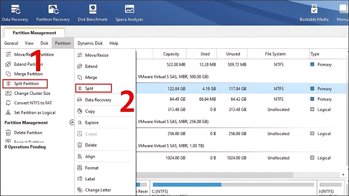 Nhấn Split Partition