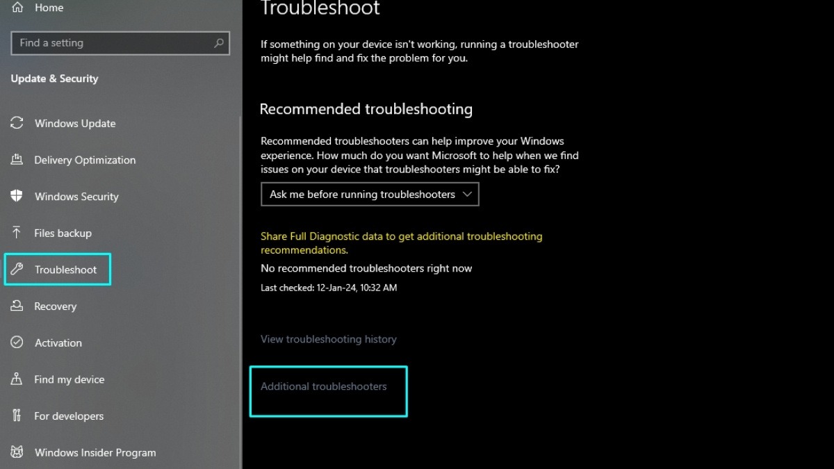 Chọn Troubleshoot > Additional Troubleshooters