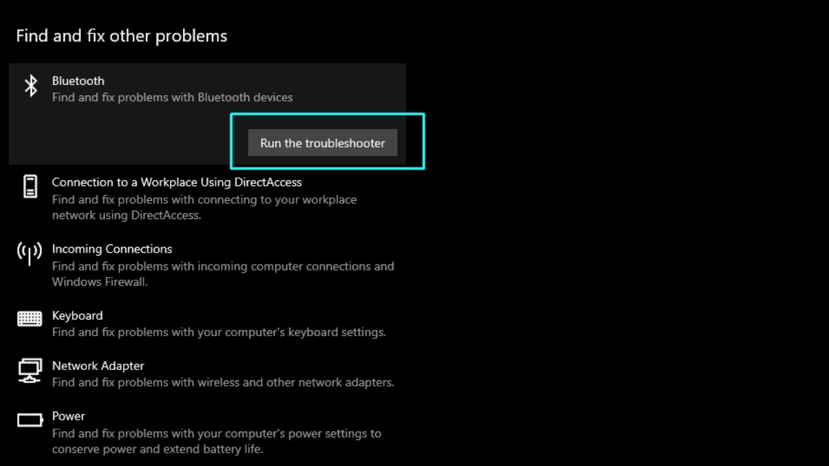 Chọn Bluetooth và nhấn Run the troubleshooter