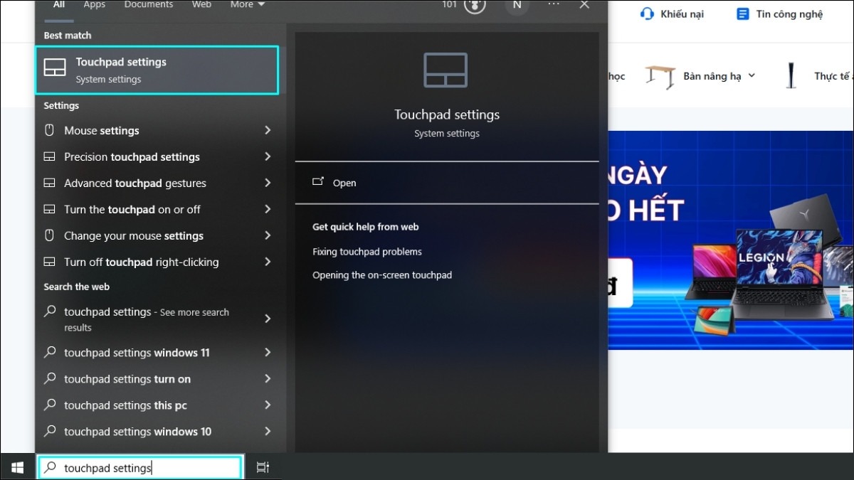 Gõ Touchpad settings trên thanh tìm kiếm