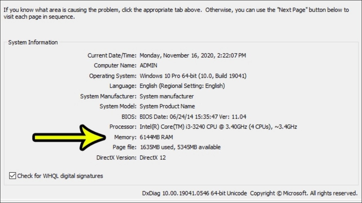 Xem dòng Memory trong DirectX Diagnostic Tool 