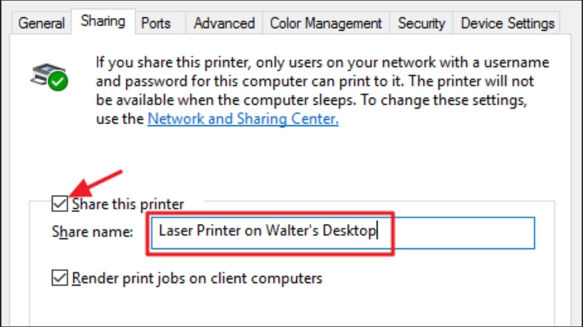 Chọn tab Sharing, tích vào ô Share this printer