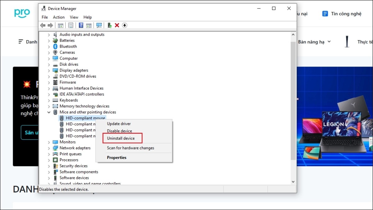 Tìm đến mục Mice and other pointing devices > Uninstall device