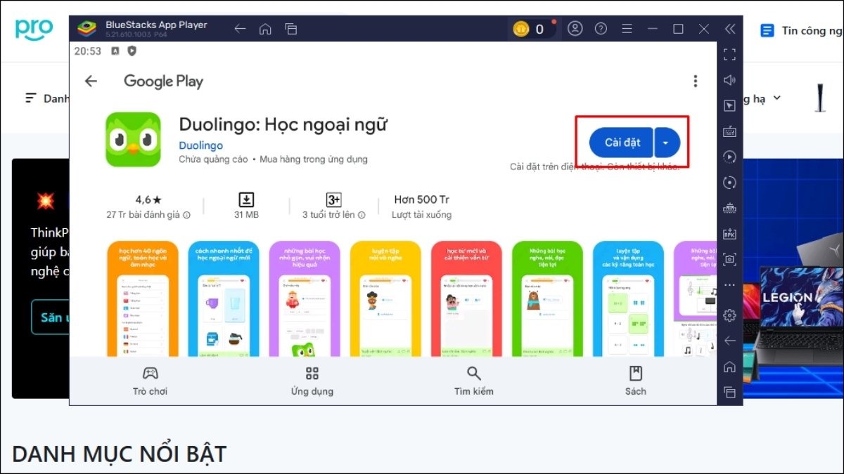 Sau khi đăng nhập tài khoản Gmail vào CH Play > Tìm Duolingo và tải xuống