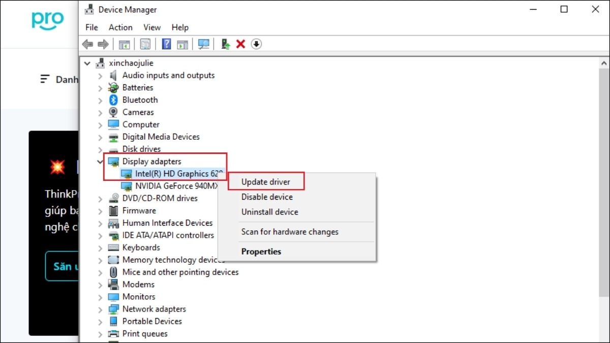 Tìm đến mục Display adapters và chọn Update driver