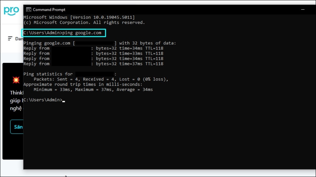 Gõ lệnh ping google.com và nhấn Enter