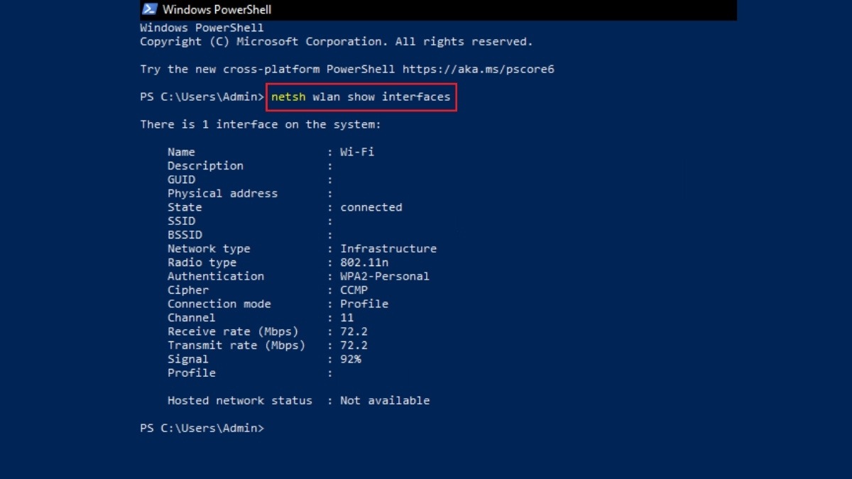 Gõ lệnh netsh wlan show interfaces và nhấn Enter