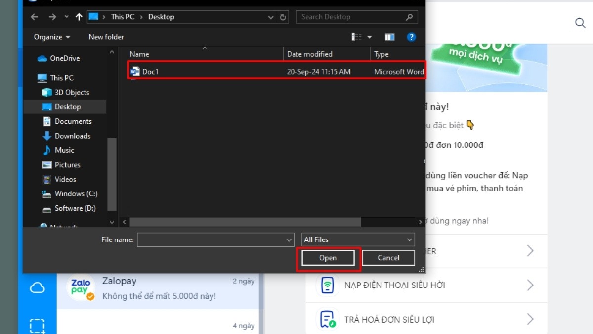 Chọn file Word muốn gửi và nhấn nút Open