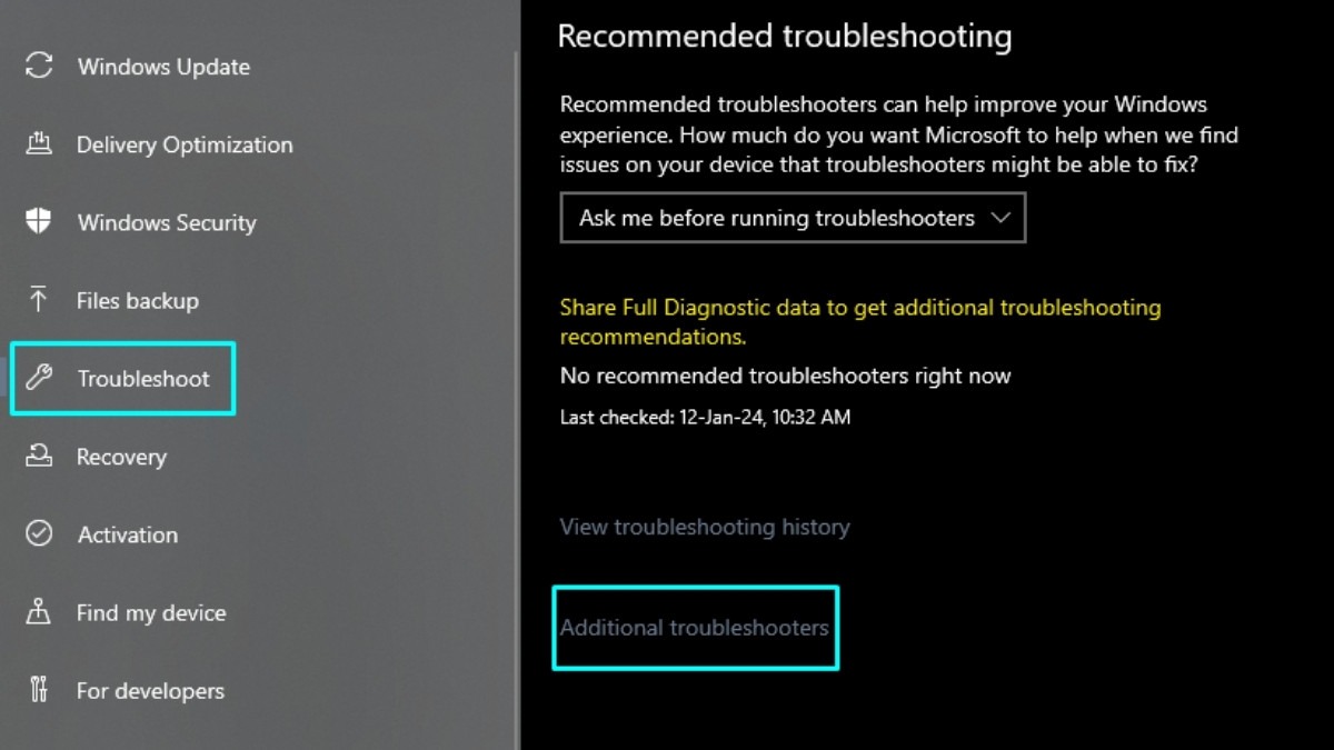 Chọn Troubleshoot > Additional troubleshooters