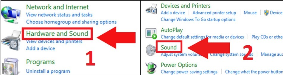 Nhấn chọn Hardware and Sound > Nhấn chọn Sound