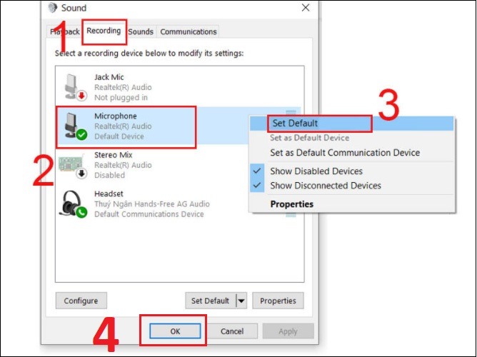 Nhấn chọn thẻ Recording > Nhấn chuột phải vào thiết bị micro đó > Chọn Set Default