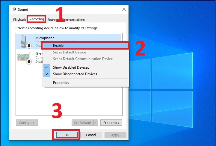 Nhấn thẻ Recording > Nhấn chuột phải vào thiết bị micro > Chọn Enable để bật mic của laptop lên