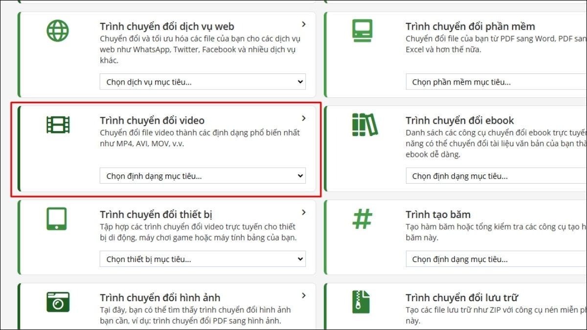 Sau khi truy cập website > Tìm và chọn mục Trình chuyển đổi video
