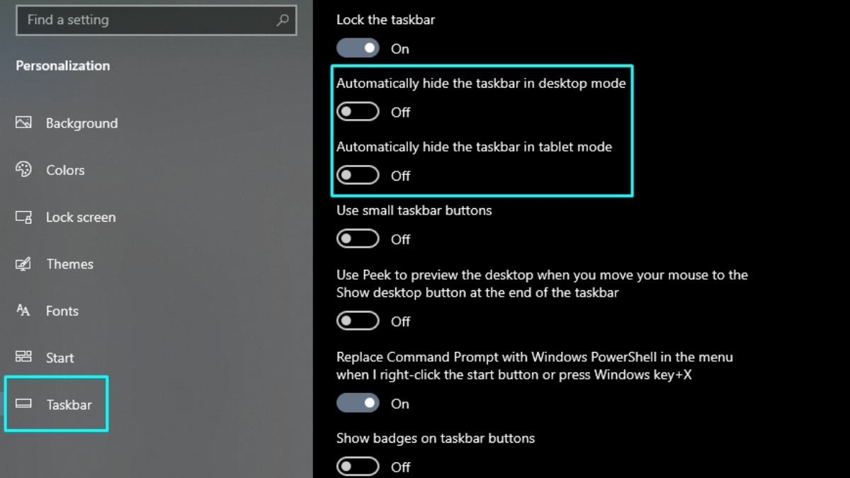 Tìm tùy chọn Automatically hide the taskbar in desktop/tablet mode và Tắt đi