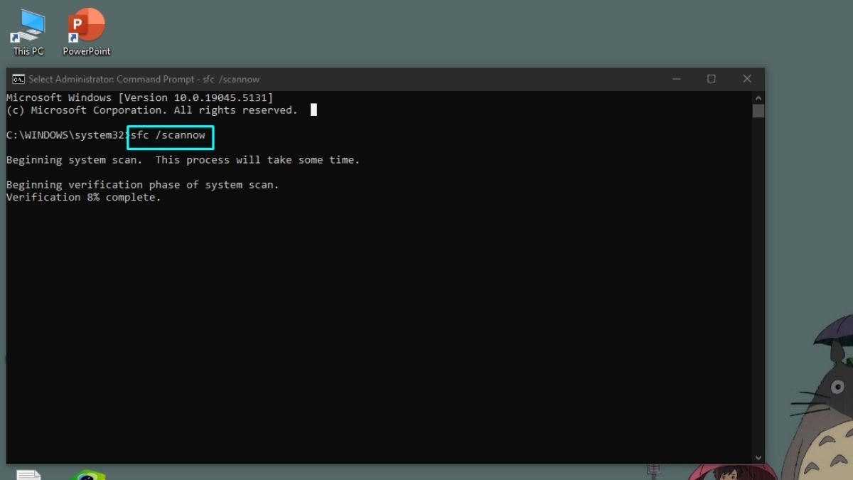 Trong cửa sổ Command Prompt, gõ lệnh sfc /scannow