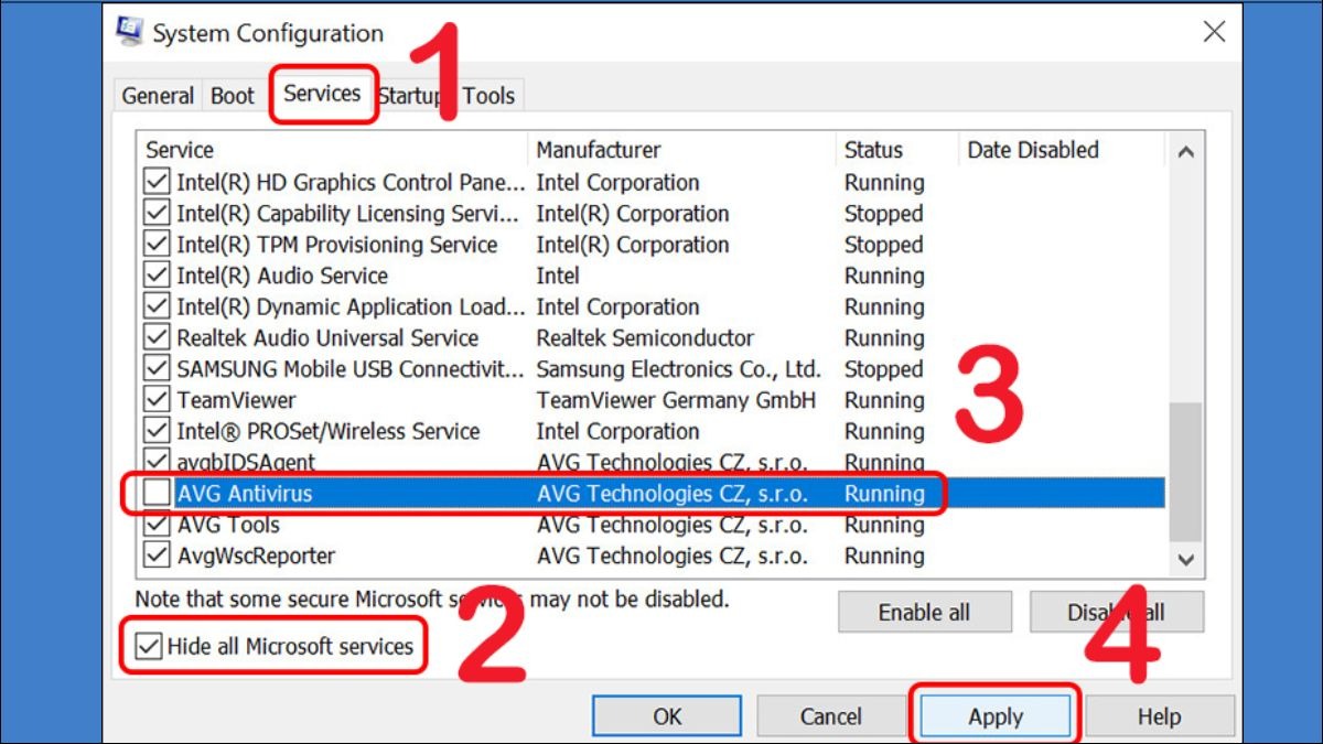 Bỏ chọn những dịch vụ không cần thiết > Chọn Apply