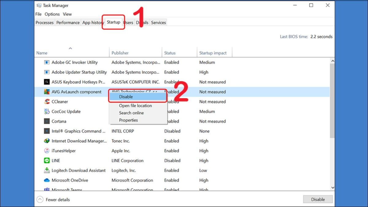Bước 5: Click chuột phải vào ứng dụng muốn tắt khởi động cùng Windows > Chọn Disable