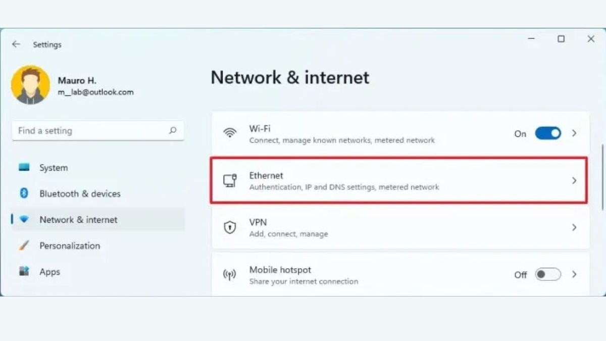 Chọn Enternet trong mục Network & Internet