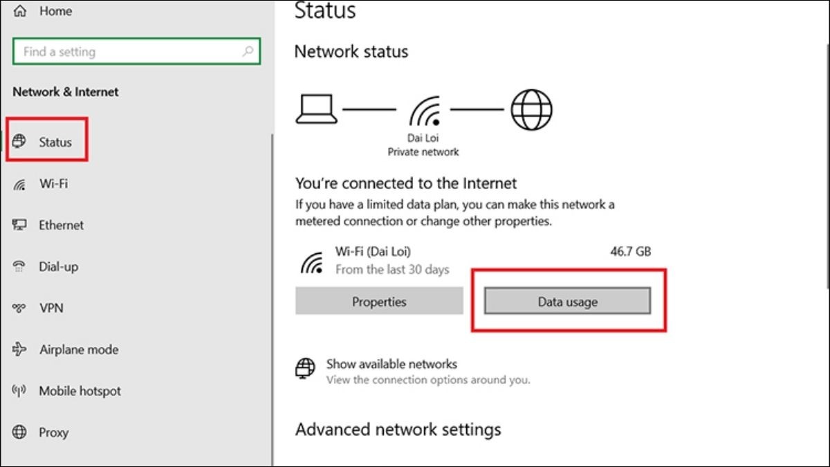 Nhấn chọn mục Data Usage