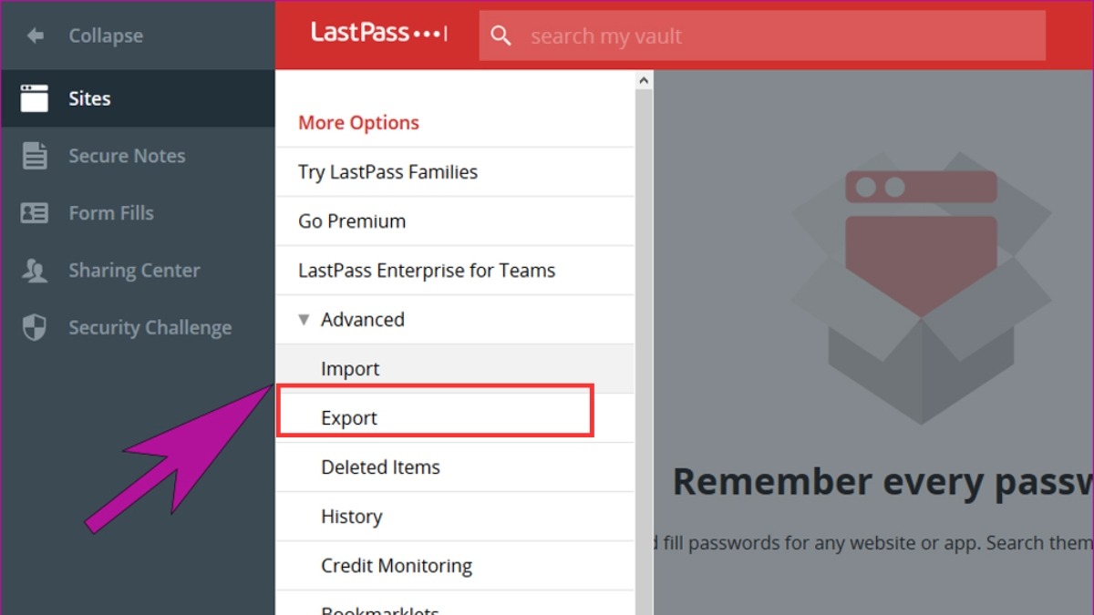 Chọn mục Site rồi chọn mục Export để xem tất cả mật khẩu Gmail đã lưu trên LastPass.