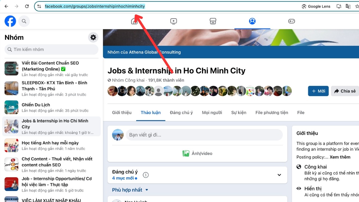 Mở trình duyệt và truy cập vào trang nhóm công khai mà bạn muốn lấy link