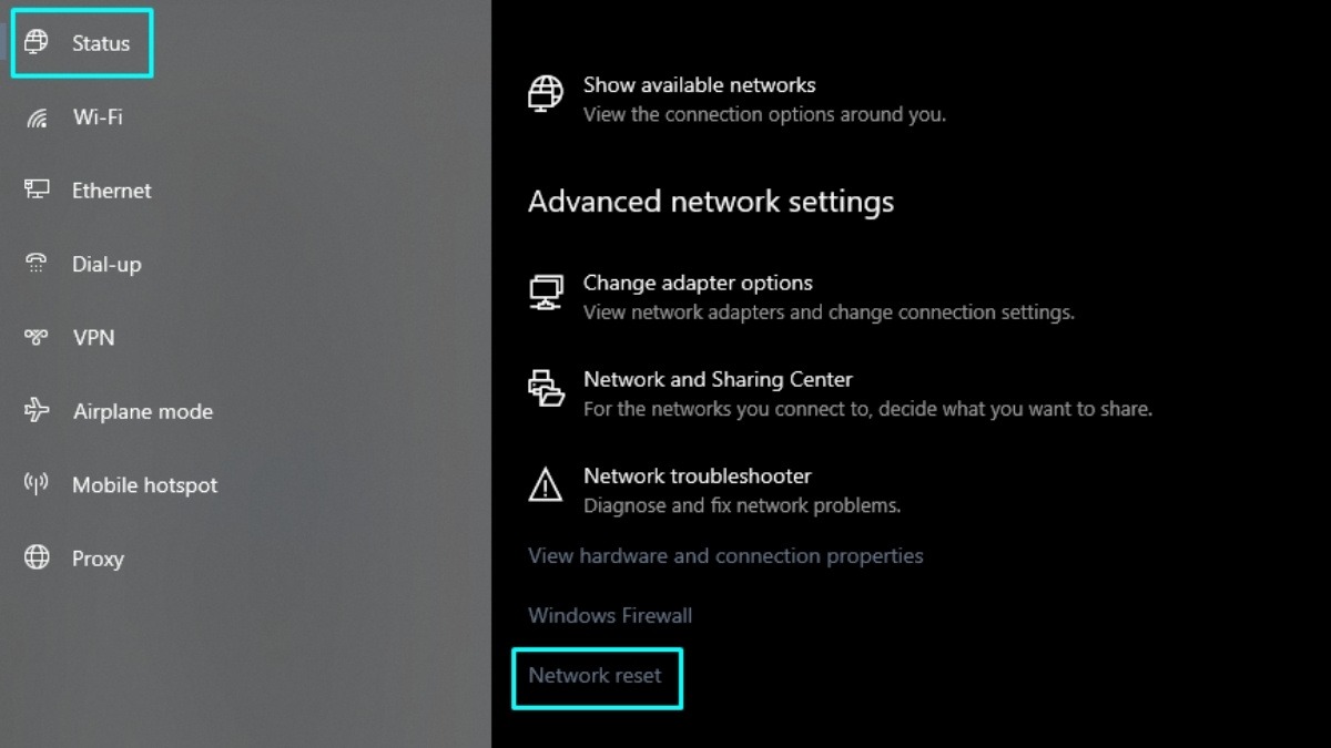 Chọn mục Status, cuộn xuống dưới và chọn Network reset
