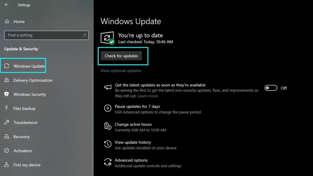 Trong mục Windows Update, click vào Check for updates