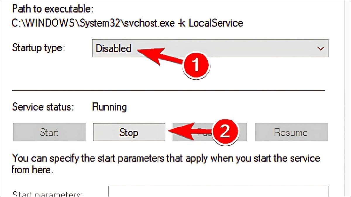 Chọn Disable trong mục Startup type